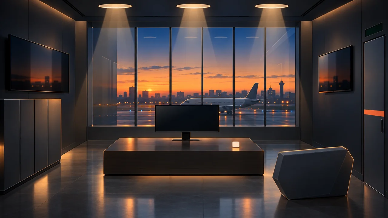 The crew room at dusk: a low desk with a dispatch monitor, wall screens and an airliner on the apron outside a floor-to-ceiling window