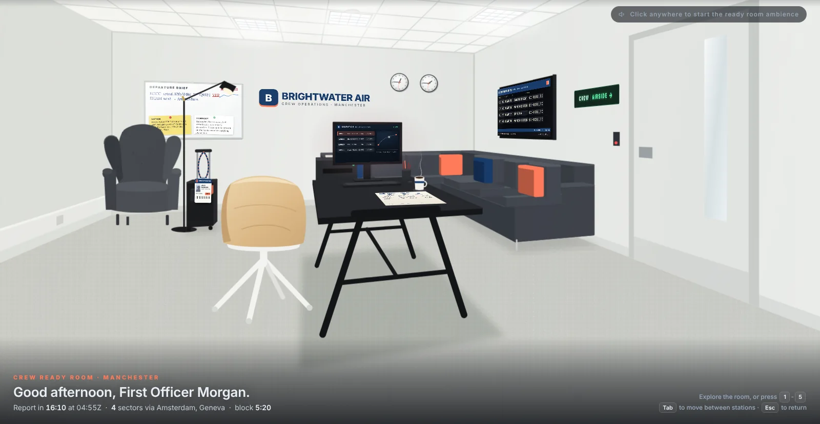 Modern daylight crew room with a desk, dispatch monitor, departures board and lounge sofas